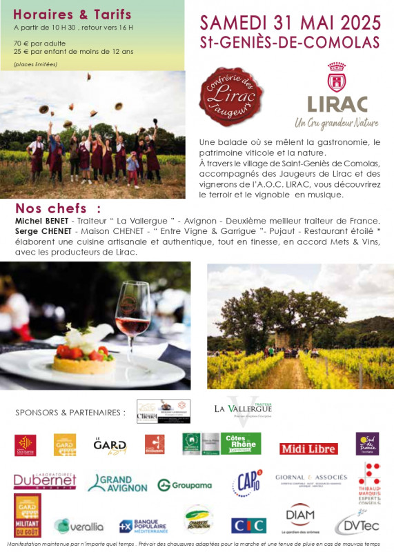 La balade est jalonnée d'arrêts dégustation mettant en valeur les accords gastronomiques avec les vins de Lirac, Cru des Côtes du Rhône décliné en trois couleurs.