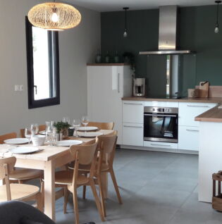 Pièce de vie avec coin cuisine et salle à manger