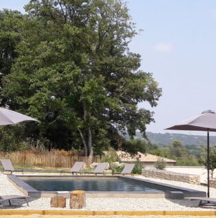 Piscine partagée avec transats et grande terrasse