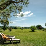 Grand jardin avec transats et vue paysagère du gîte La Bête au Domaine Givaudan